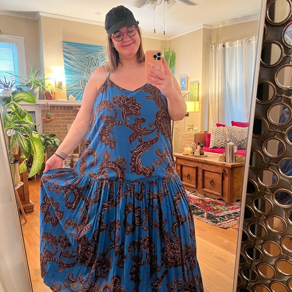Anthropologie Atsu 2X drop waist modern blue paisley maxi dress